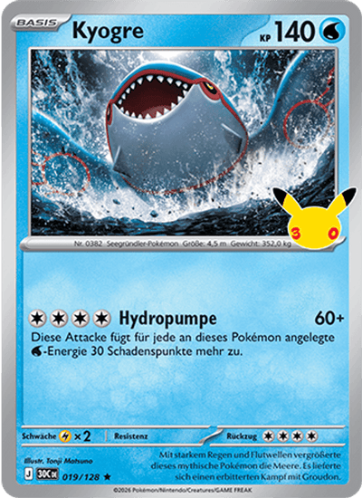 Kyogre 019/128 30th Celebration Pokémon Karte
