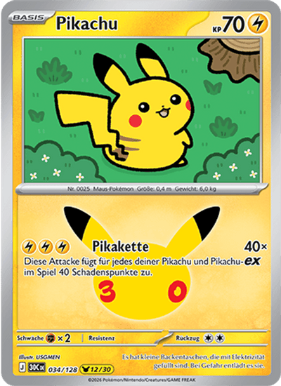 Pikachu 034/128 30th Celebration Pokémon Karte