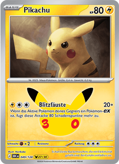 Pikachu 049/128 30th Celebration Pokémon Karte