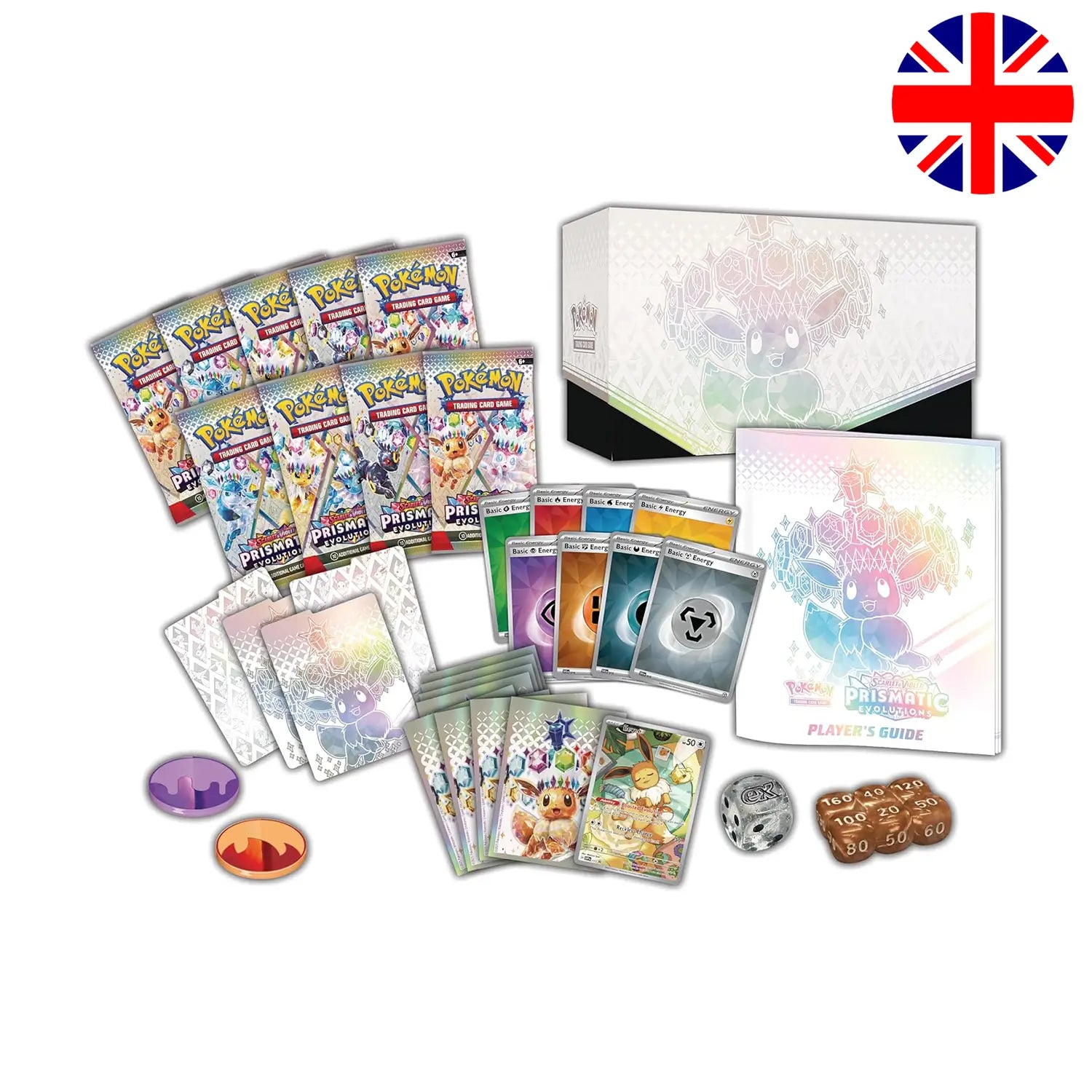 Inhalt der Pokémon Elite Trainer Box Prismatic Evolutions – 9 Boosterpacks, Promokarte, Kartenhüllen und Zubehör