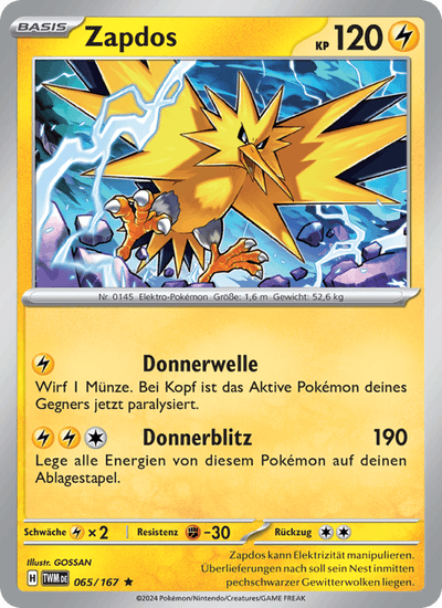Zapdos 065/167 Maskerade im Zwielicht Pokémon Karte
